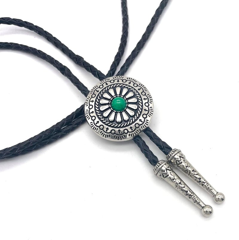 YOQUCOL Vintage American Western Cowboy Indian Art Stone Genunie Leather Bolo Tie For Men Women - Image 3